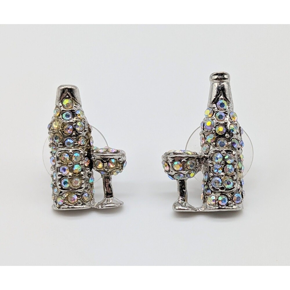 Silver Tone AB Iridescent Rhinestone Crystal Bottle Martini Glass Stud Earrings